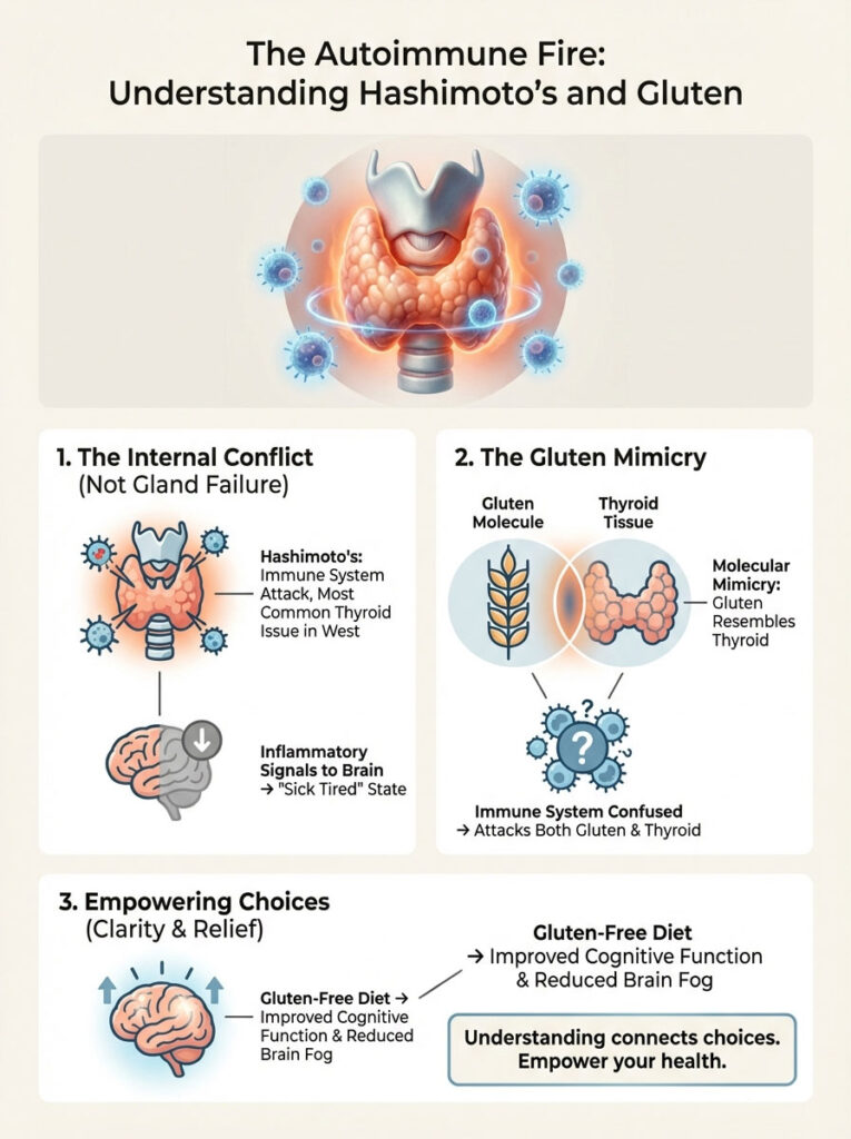 Infographic explaining Hashimoto's disease and gluten's role, featuring a thyroid illustration and key points on health impacts.
