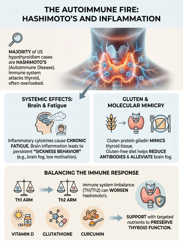 Infographic on Hashimoto's disease, showing systemic effects, gluten mimicry, and immune response balance with icons and text.