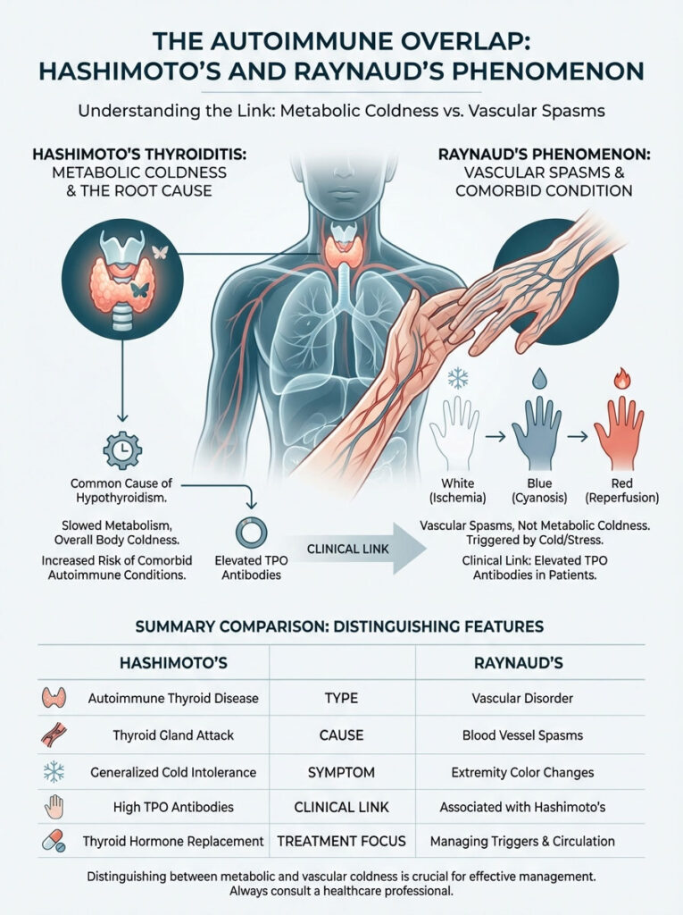 Infographic comparing Hashimoto's Thyroiditis and Raynaud's Phenomenon with illustrations and key data points.