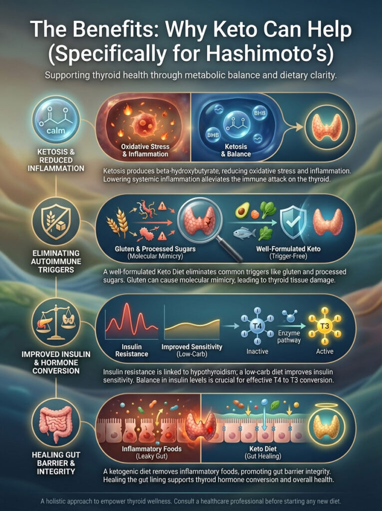 Infographic showing benefits of keto for Hashimoto's, including charts on inflammation, insulin, and gut health.