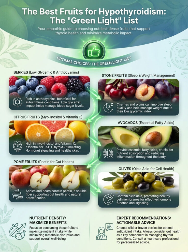 Infographic detailing the best fruits for hypothyroidism, including berries, stone fruits, citrus, and avocados.