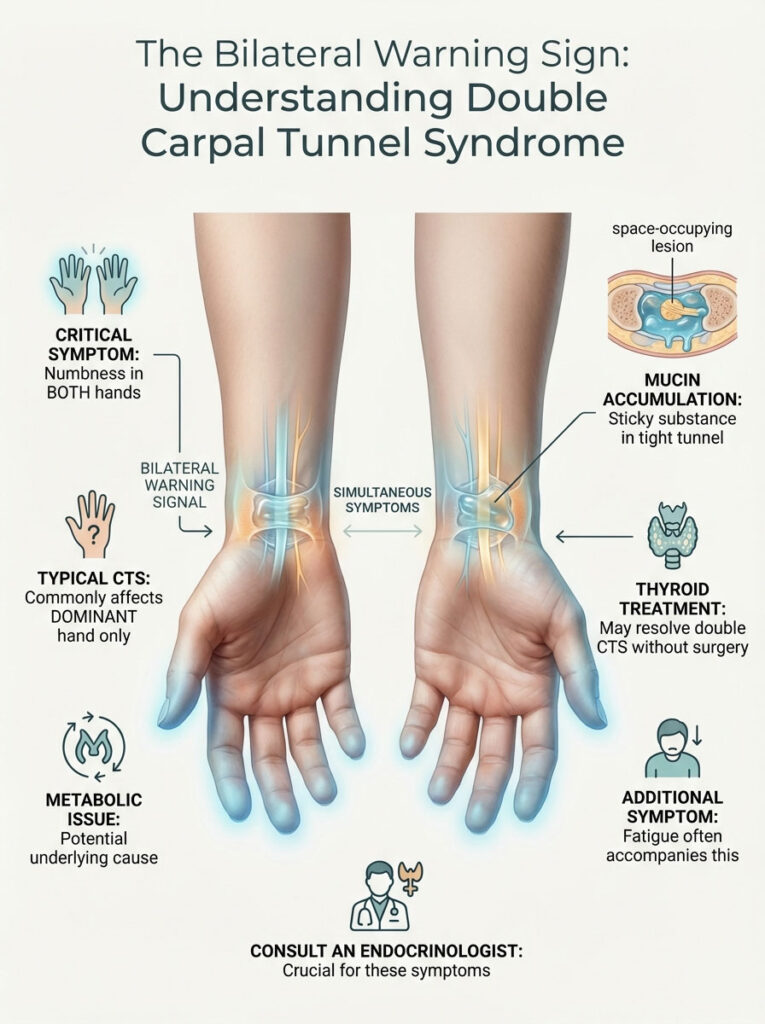 Infographic explaining double carpal tunnel syndrome with illustrations of hands, symptoms, and treatment options.