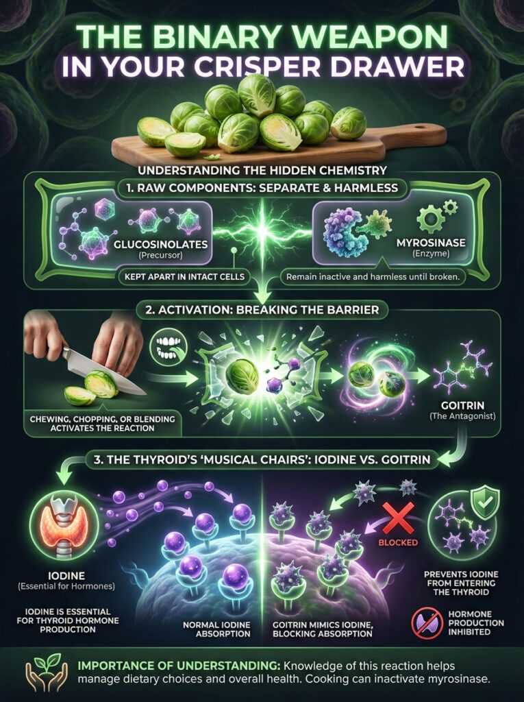 Infographic explaining the chemistry of glucosinolates and myrosinase in Brussels sprouts and their effects on thyroid health.
