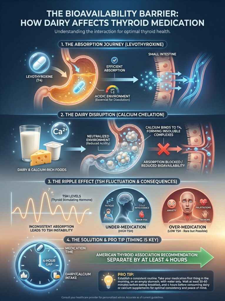 Infographic showing how dairy affects thyroid medication absorption, including charts and illustrations of processes.