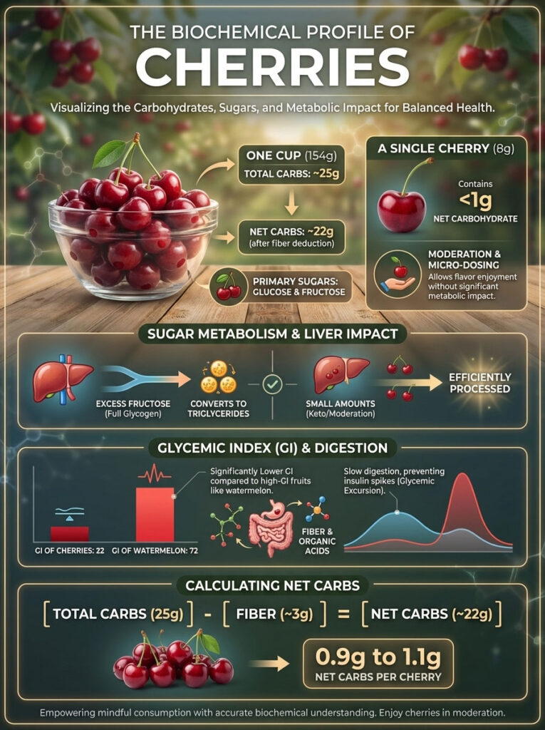 Infographic showing biochemical profile of cherries, including carbs, sugars, and health impacts with charts and icons.