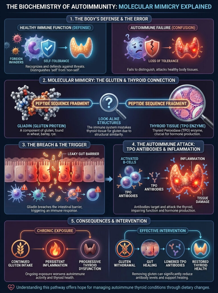 Infographic explaining molecular mimicry in autoimmunity, featuring diagrams of immune response and thyroid connection.