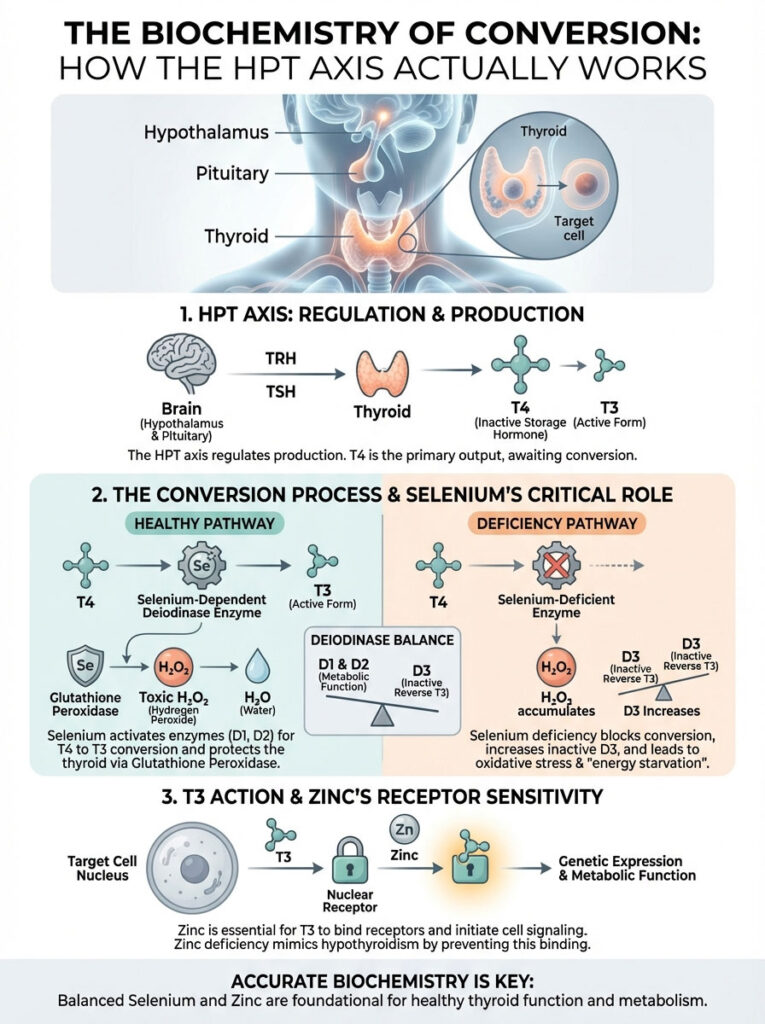 Infographic illustrating the HPT axis, thyroid hormone conversion, and the roles of selenium and zinc in metabolism.