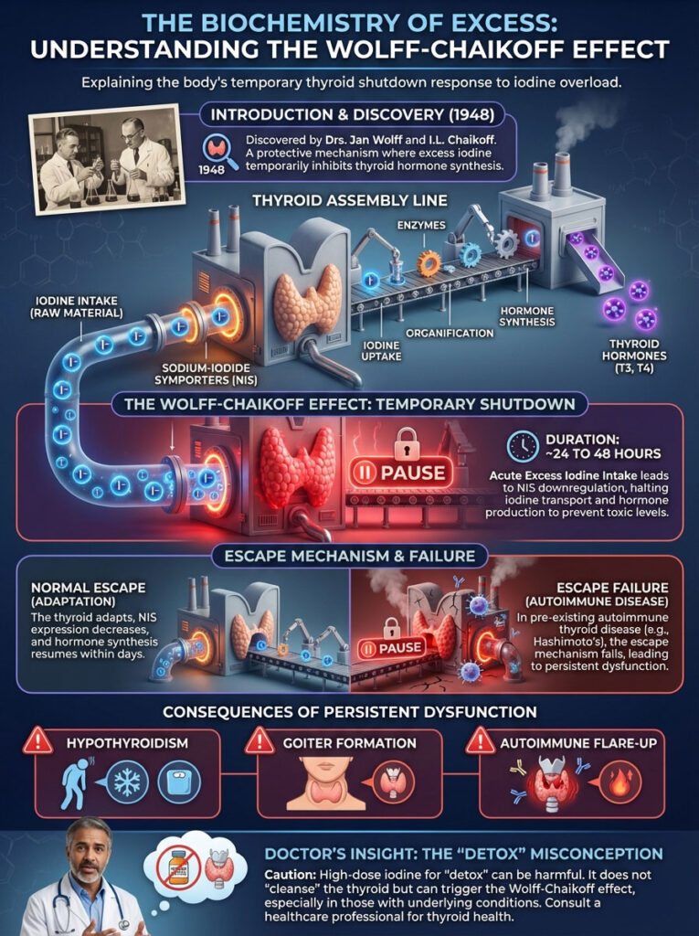 Infographic explaining the Wolff-Chaikoff effect on thyroid function with diagrams and data on iodine intake and consequences.