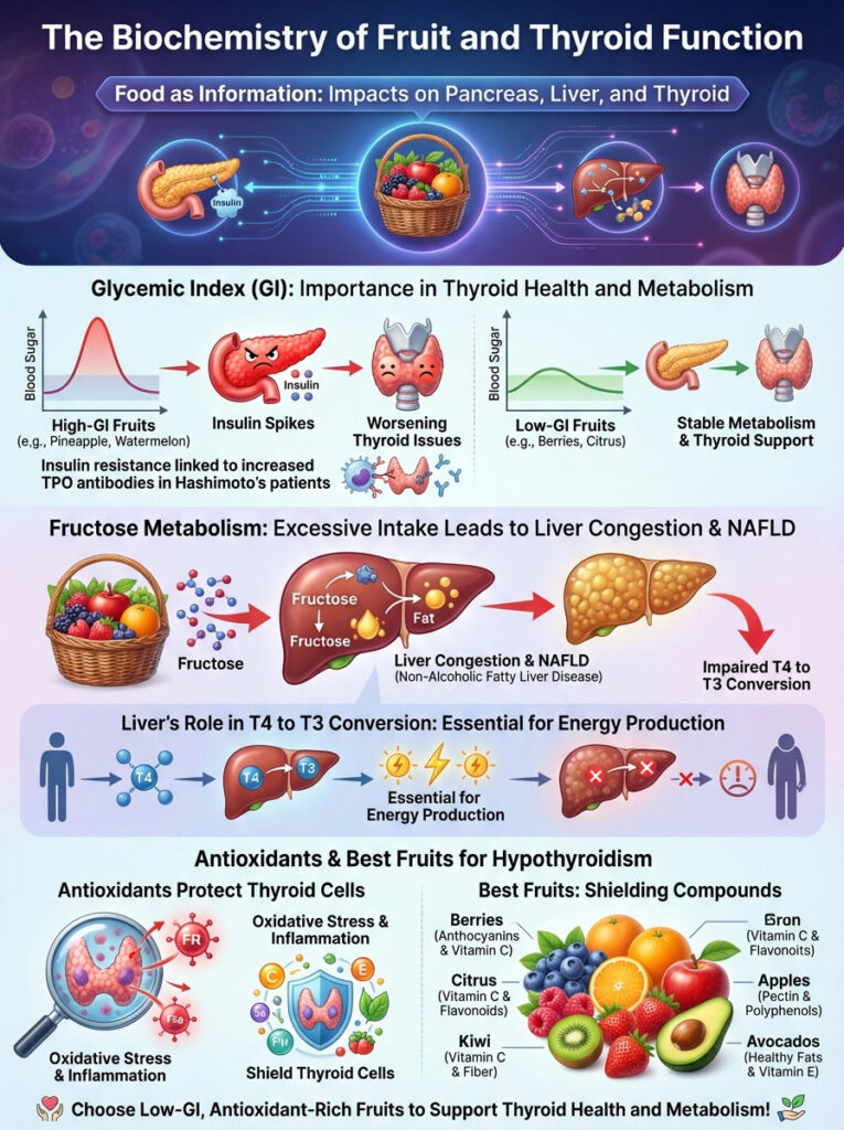 Infographic showing biochemistry of fruit and thyroid function with charts on glycemic index and antioxidants.