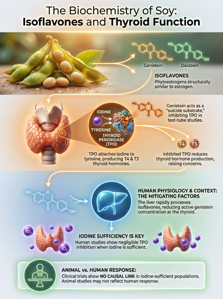 Infographic showing the biochemistry of soy isoflavones, thyroid function, and iodine's role with illustrations and text.