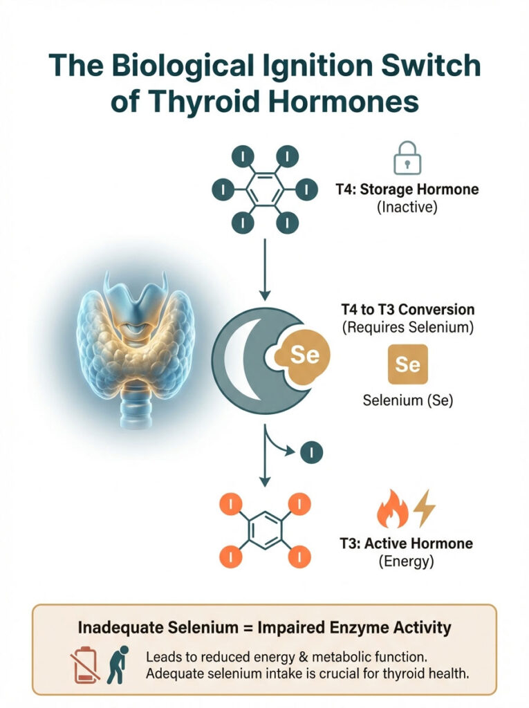 Infographic showing thyroid hormone conversion, highlighting T4, T3, and selenium's role in energy metabolism.