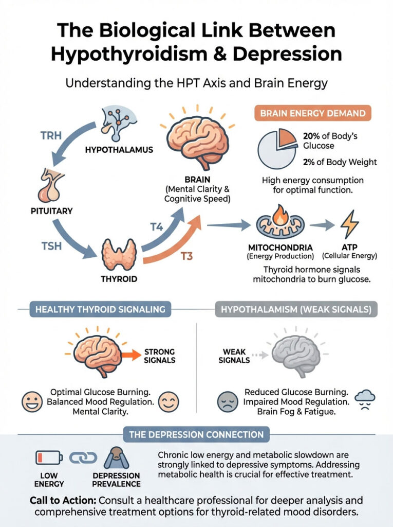 Infographic showing the link between hypothyroidism and depression, featuring brain, thyroid, and energy data.