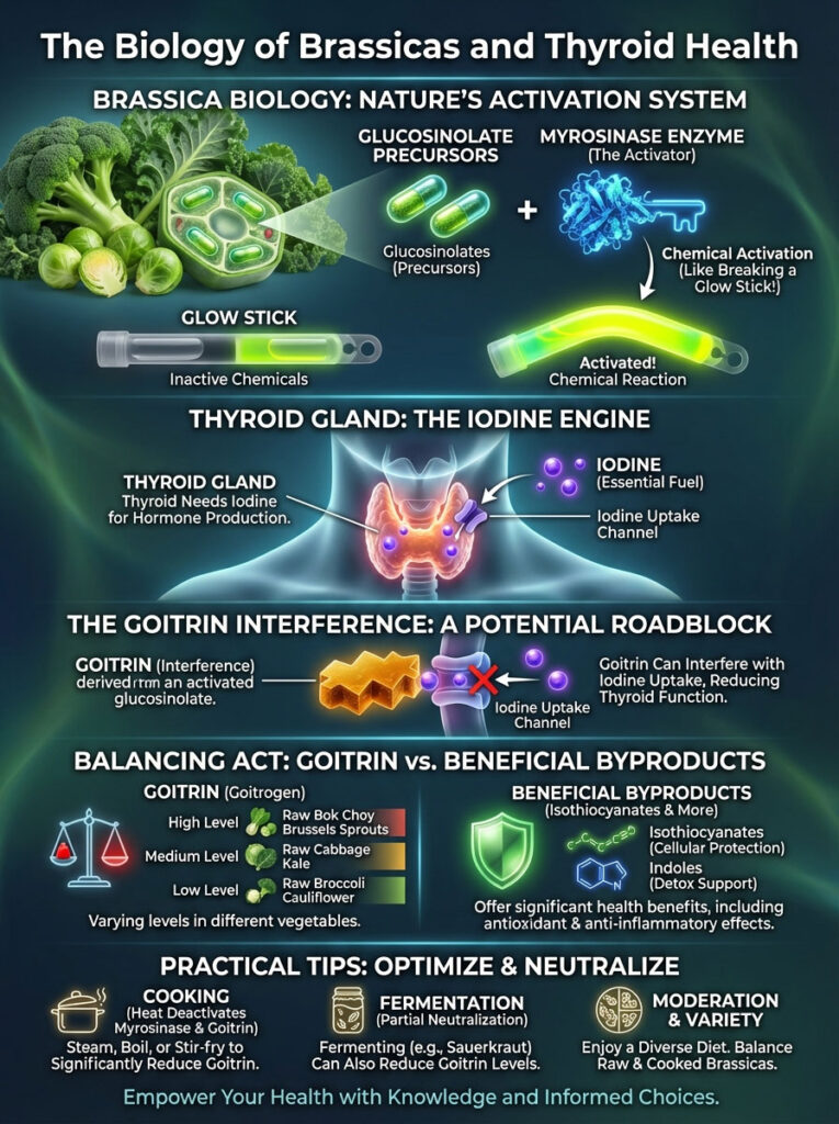 Infographic showing the biology of brassicas and thyroid health with charts on goitrin and iodine uptake.