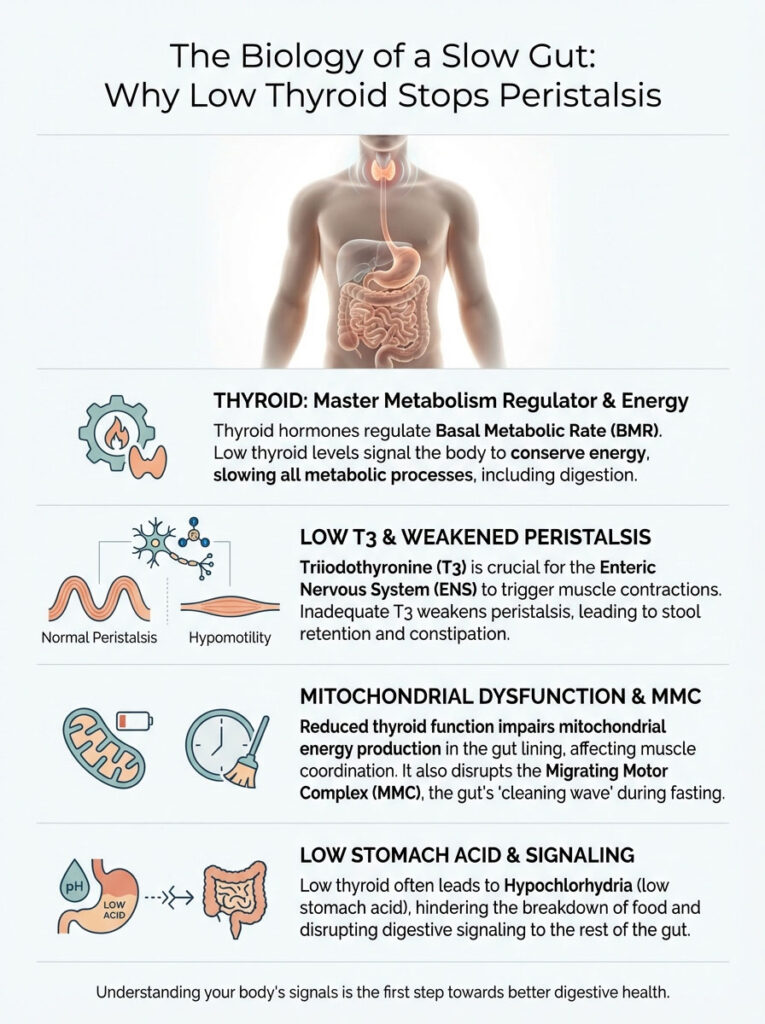 Infographic explaining the biology of a slow gut and low thyroid's impact on peristalsis with illustrations and text.