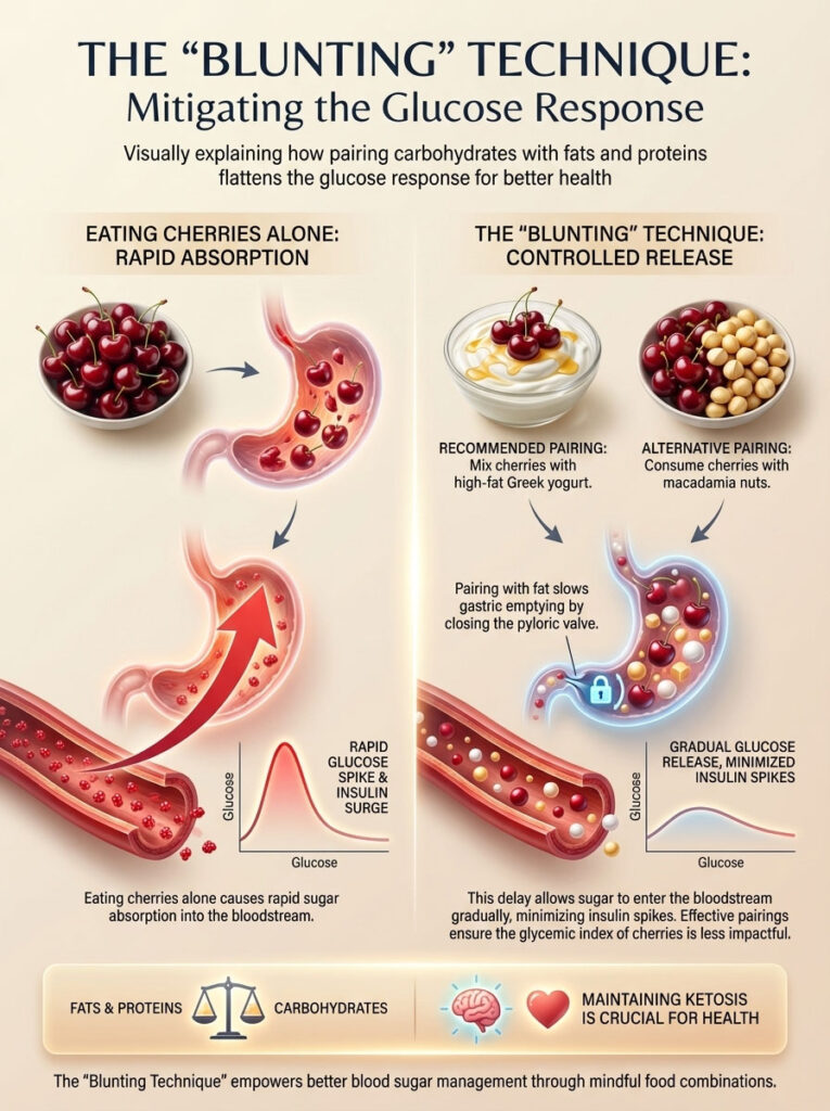 Infographic showing the "Blunting Technique" for glucose response with cherries, yogurt, and macadamia nuts.