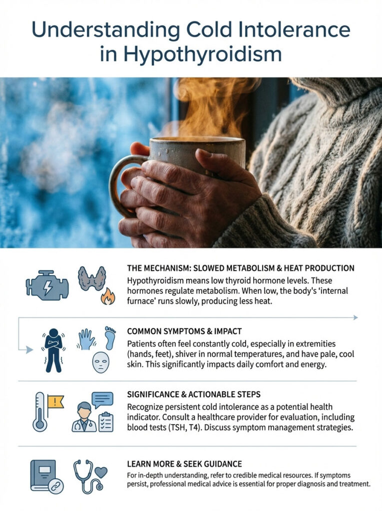 Infographic explaining cold intolerance in hypothyroidism with symptoms, mechanisms, and action steps.