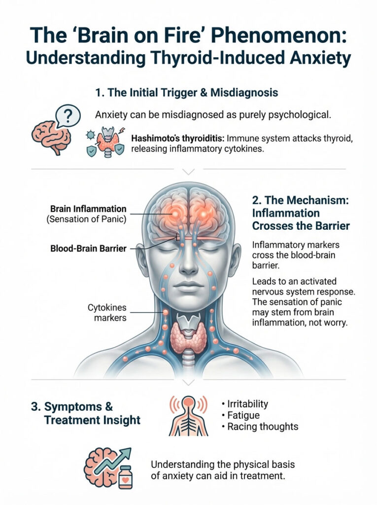 Infographic explaining thyroid-induced anxiety, featuring brain inflammation, symptoms, and treatment insights.