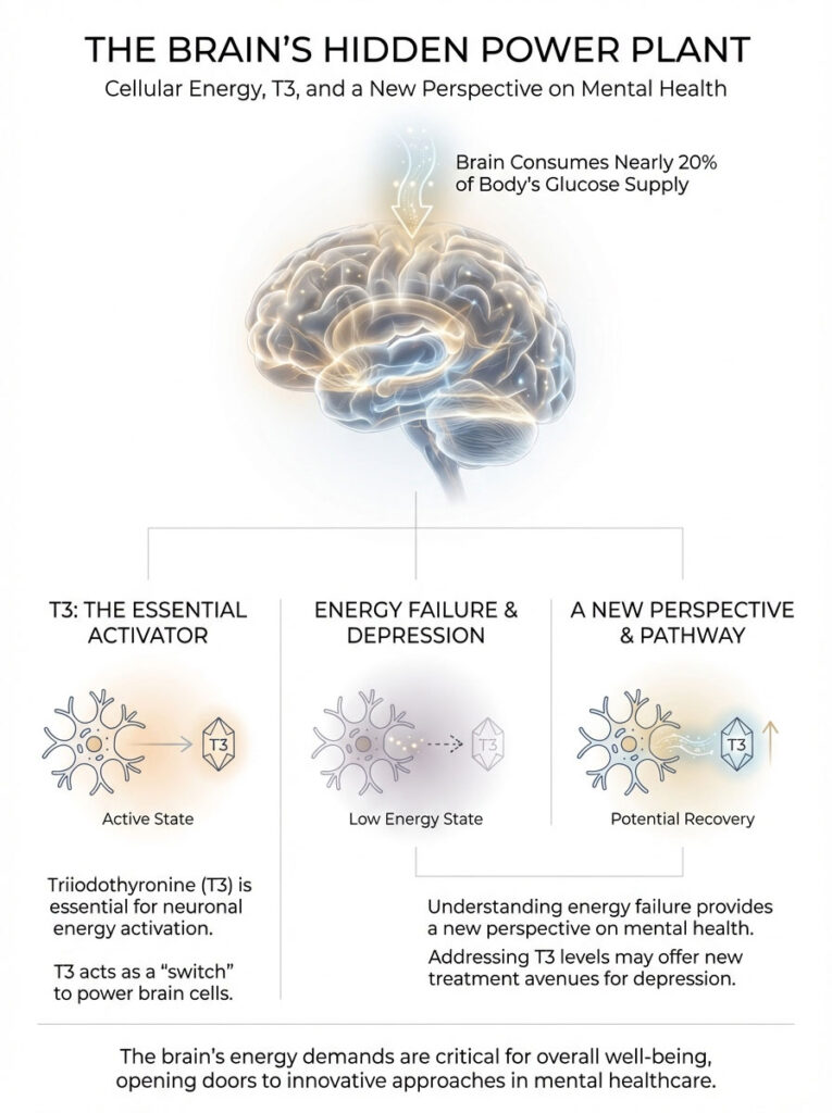 Infographic showing brain energy consumption, T3's role, and pathways to mental health recovery.