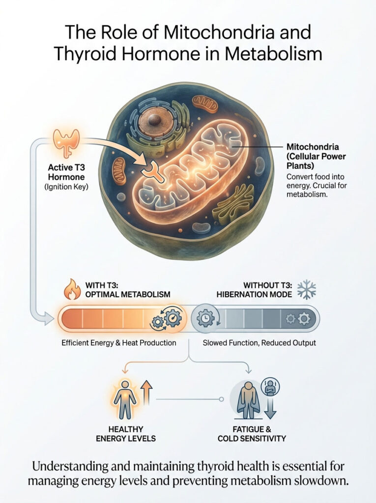 Infographic illustrating mitochondria's role and T3 hormone in metabolism, showing energy levels and effects on health.