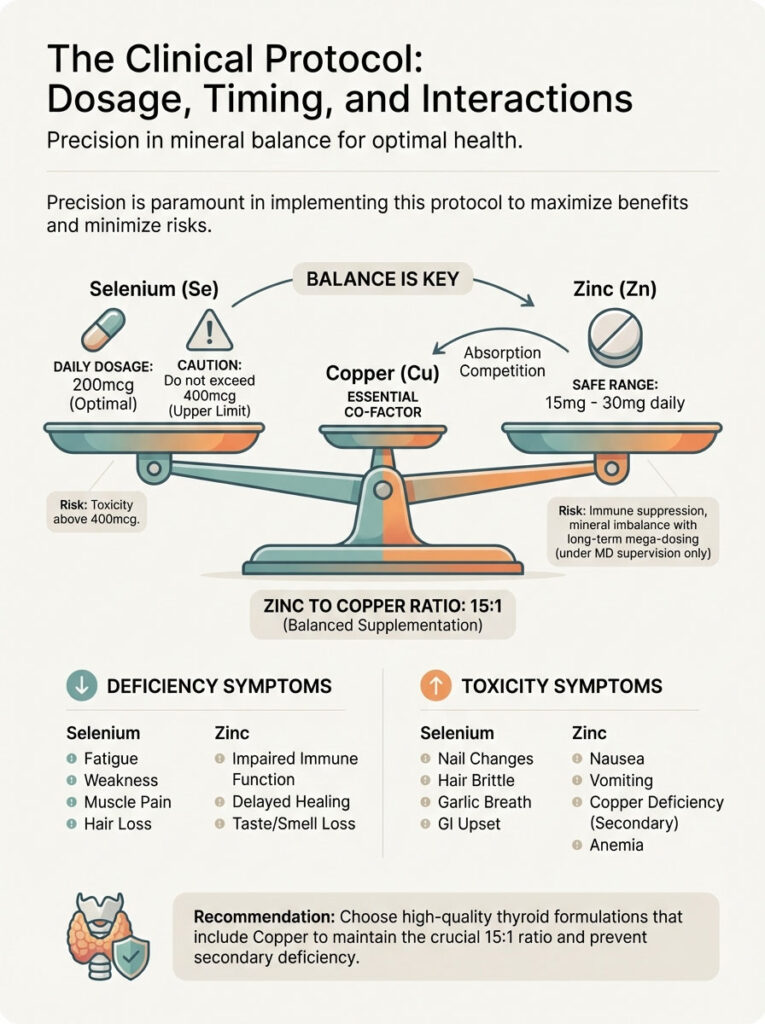 Infographic detailing the clinical protocol for selenium, copper, and zinc dosage, timing, and interactions with charts and symptoms.