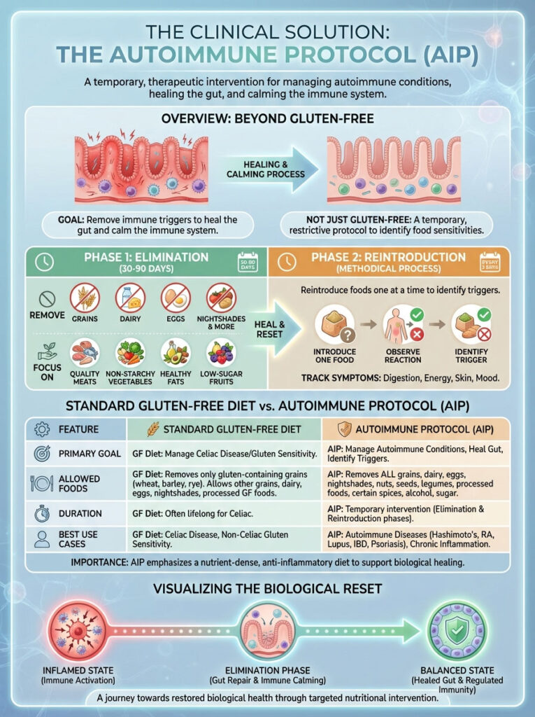 Infographic explaining the Autoimmune Protocol (AIP) phases, goals, and comparison with gluten-free diet.