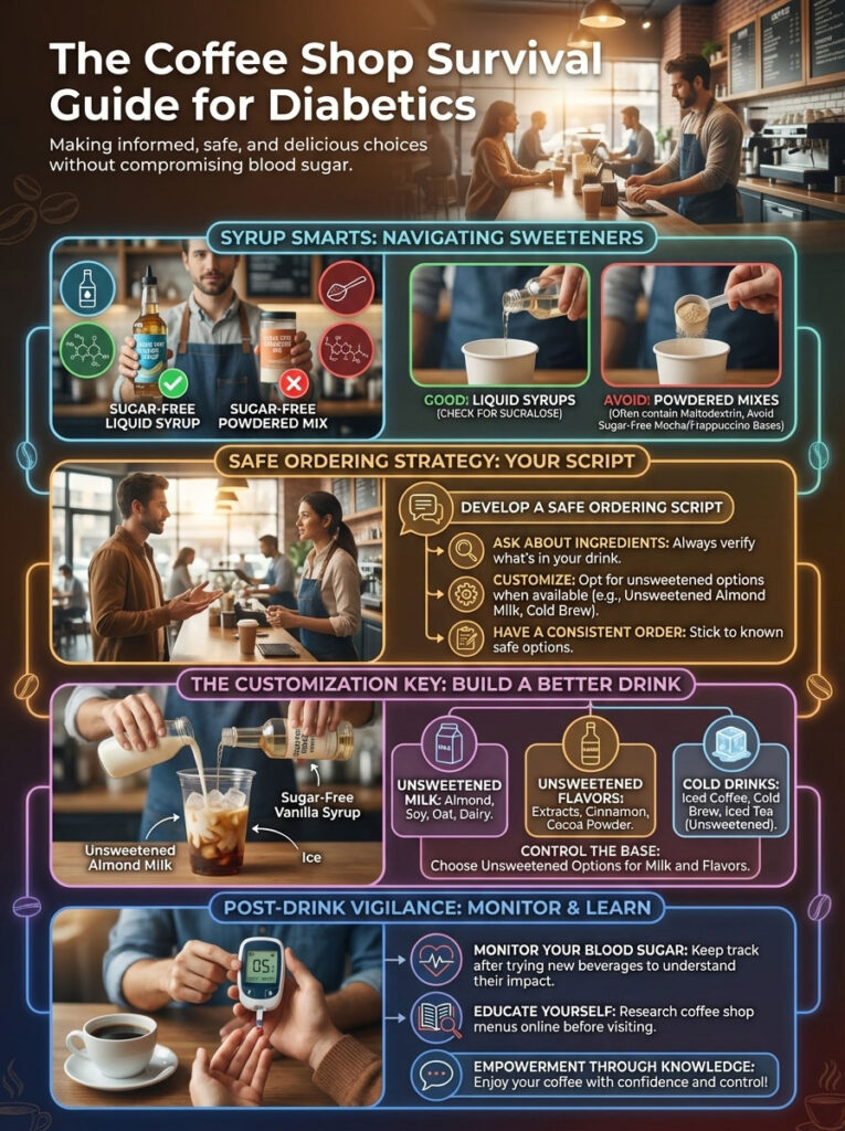 Infographic on coffee shop choices for diabetics, featuring tips on syrups, ordering, customization, and monitoring blood sugar.