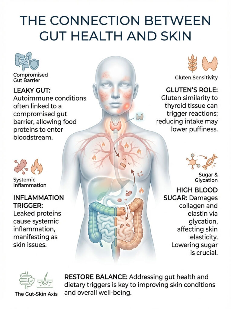 Infographic showing the connection between gut health and skin, detailing leaky gut, inflammation, and dietary triggers.