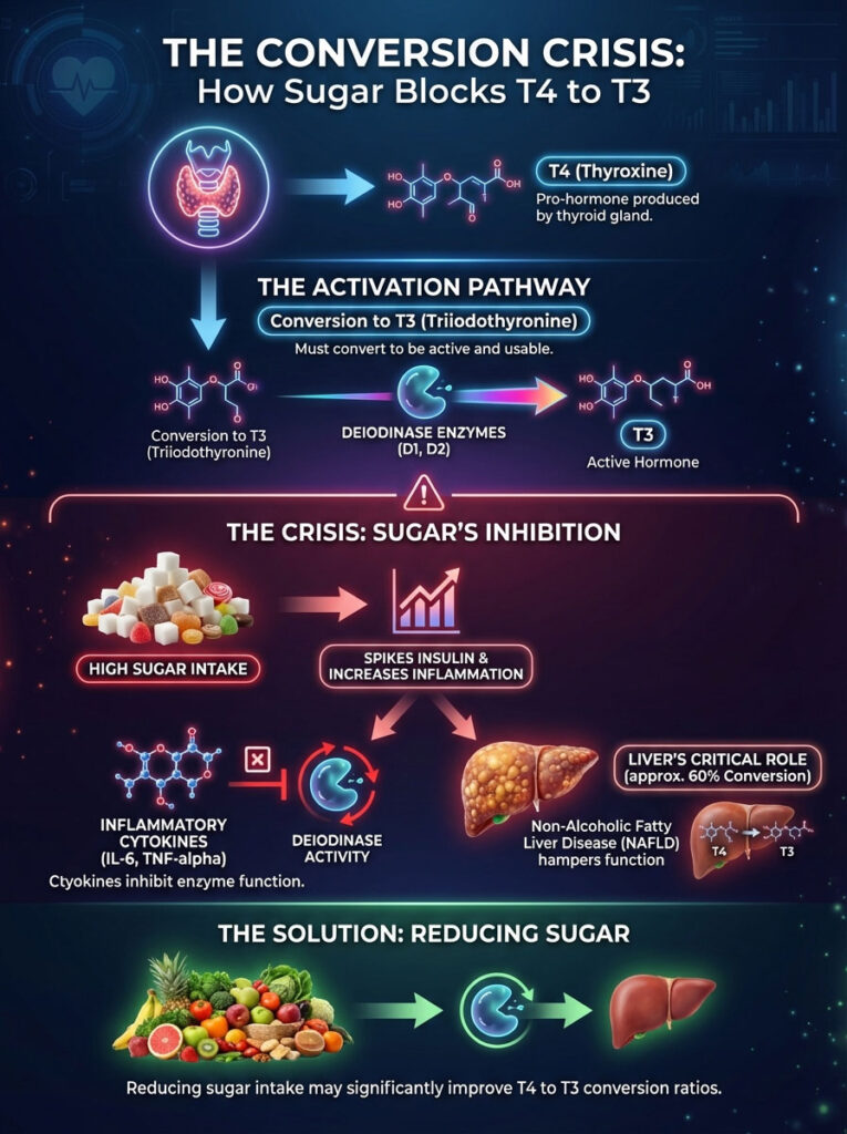 Infographic showing how sugar inhibits T4 to T3 conversion, detailing pathways, enzymes, and solutions.