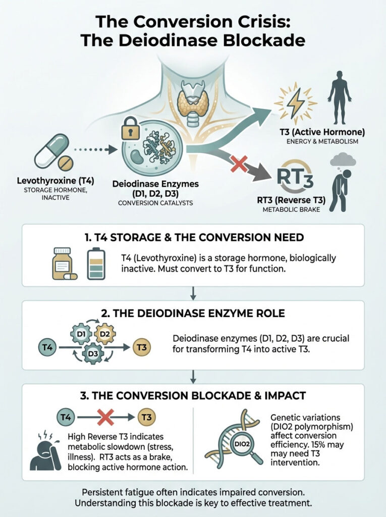 Infographic explaining the deiodinase blockade, showing T4, T3, RT3, and enzyme roles with illustrations and data points.