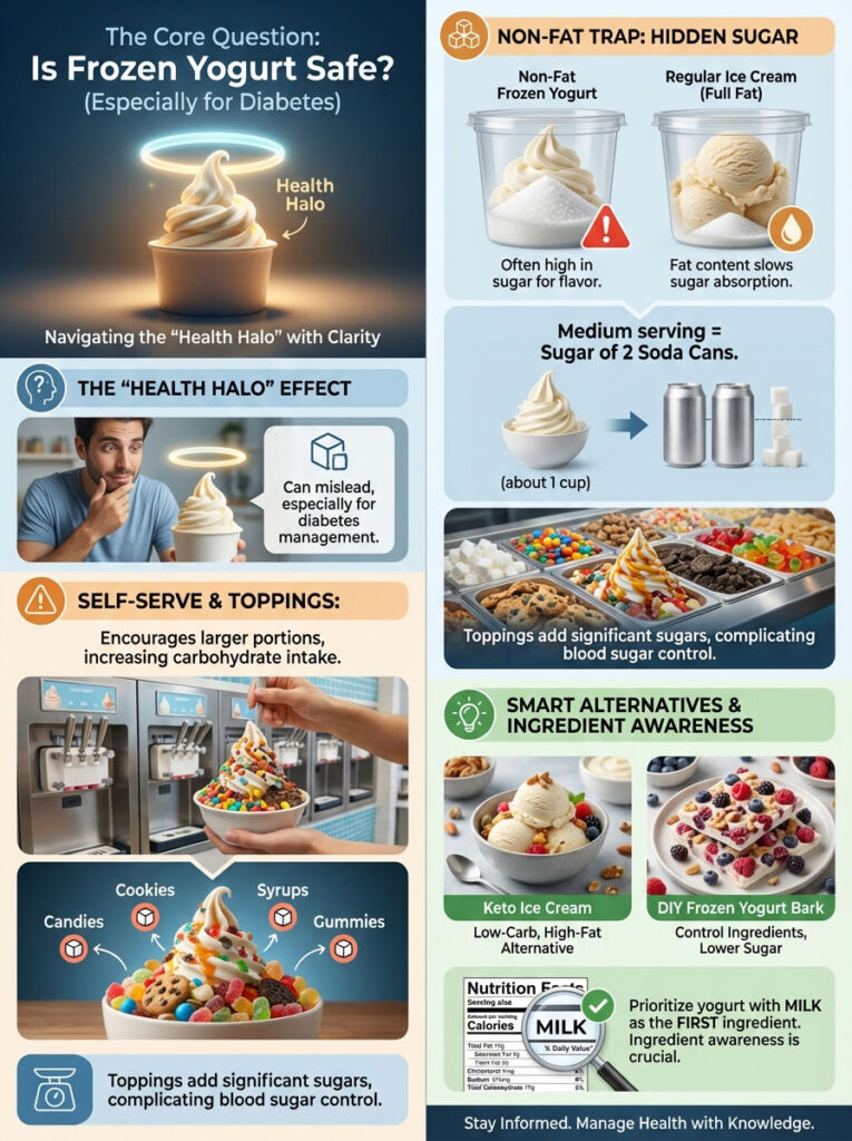 Infographic on frozen yogurt safety for diabetes, highlighting health halo, sugar content, and alternatives.