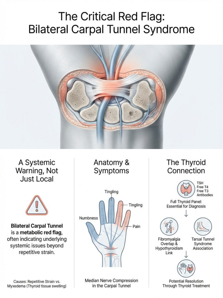 Infographic showing bilateral carpal tunnel syndrome, symptoms, and thyroid connection with labeled diagrams.