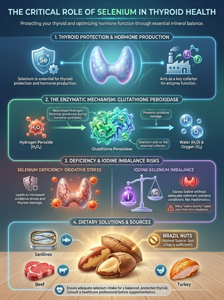 Infographic illustrating selenium's role in thyroid health, including charts on hormone production and dietary sources.