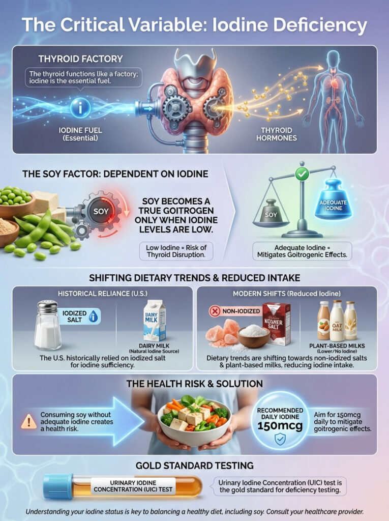 Infographic illustrating iodine deficiency, thyroid function, soy's effects, dietary trends, and testing methods.