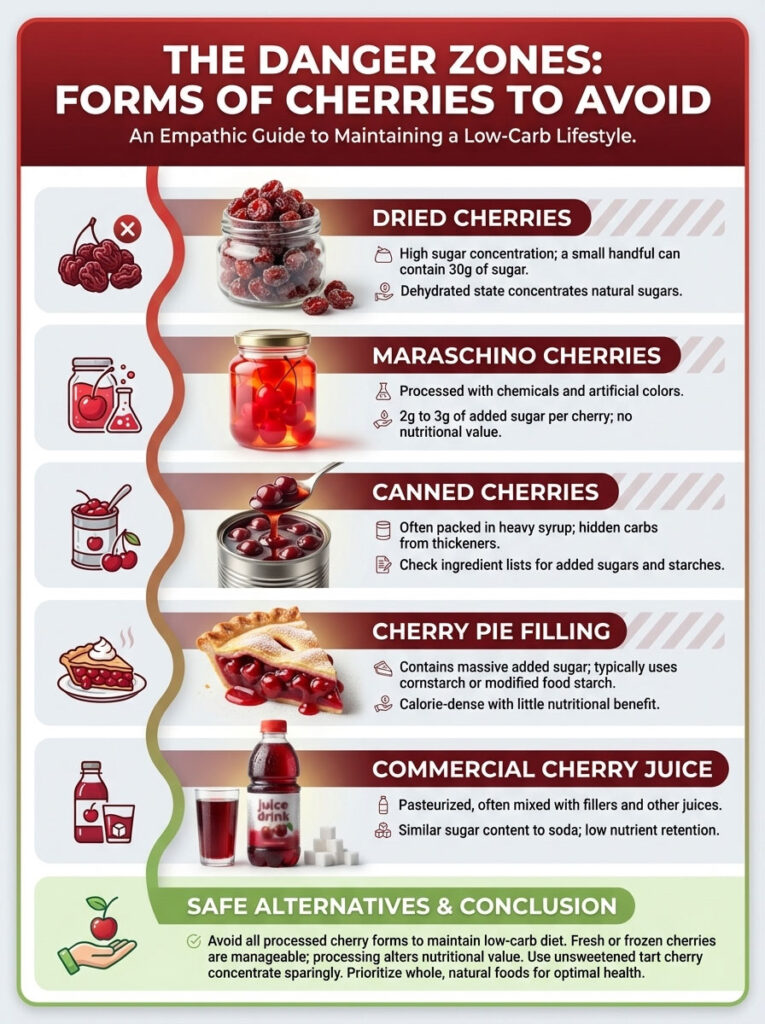 Infographic detailing cherry forms to avoid for low-carb diets, including dried, maraschino, canned cherries, and more.