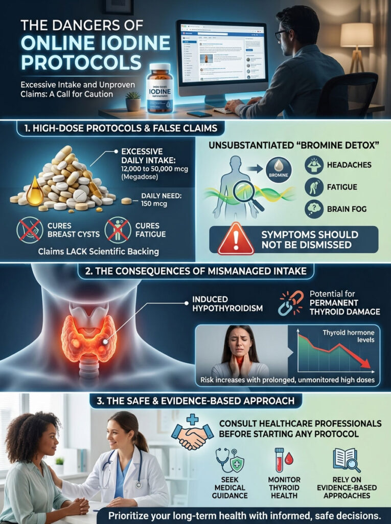 Infographic detailing dangers of online iodine protocols, including excessive intake, health risks, and safe practices.