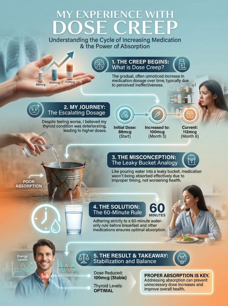 Infographic illustrating dose creep in medication, showing dosage changes, absorption issues, and solutions with visuals.
