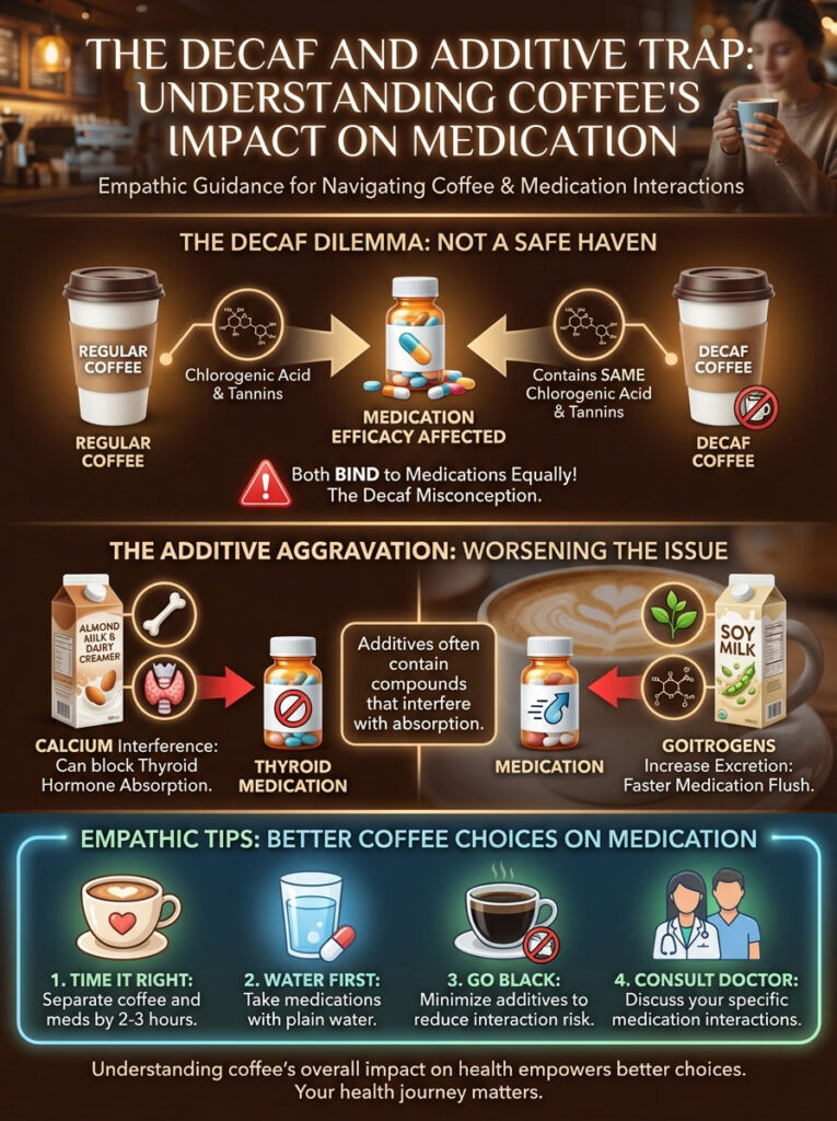 Infographic showing coffee's impact on medication, highlighting decaf and additives with icons and tips for better choices.