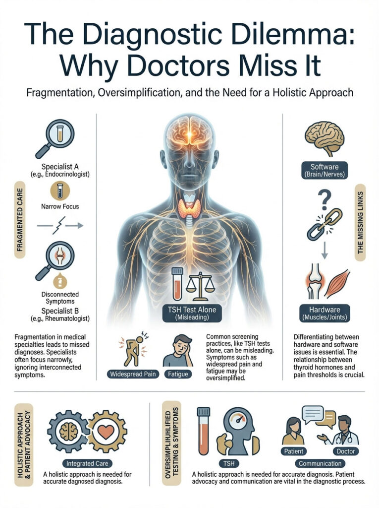 Infographic illustrating the diagnostic dilemma in healthcare, highlighting fragmentation and oversimplification issues.