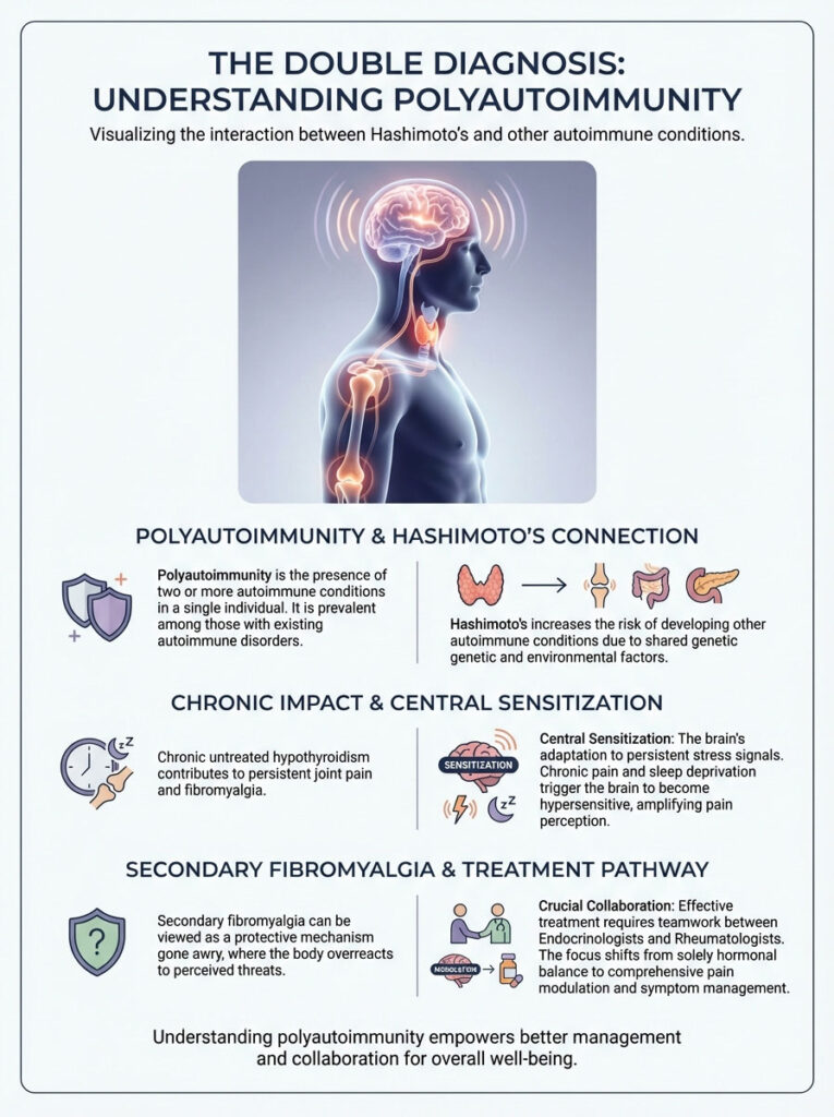 Infographic illustrating polyautoimmunity, Hashimoto's connection, chronic impact, and treatment pathways with icons and text.
