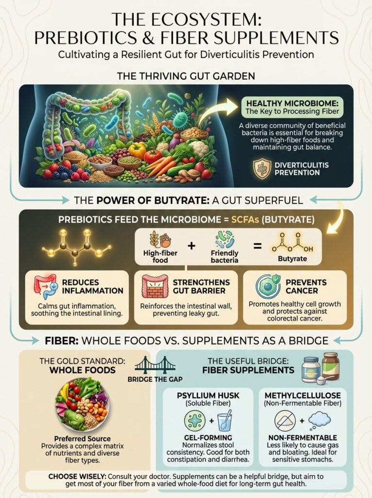 Infographic illustrating prebiotics and fiber supplements for gut health, featuring charts and illustrations of food and bacteria.