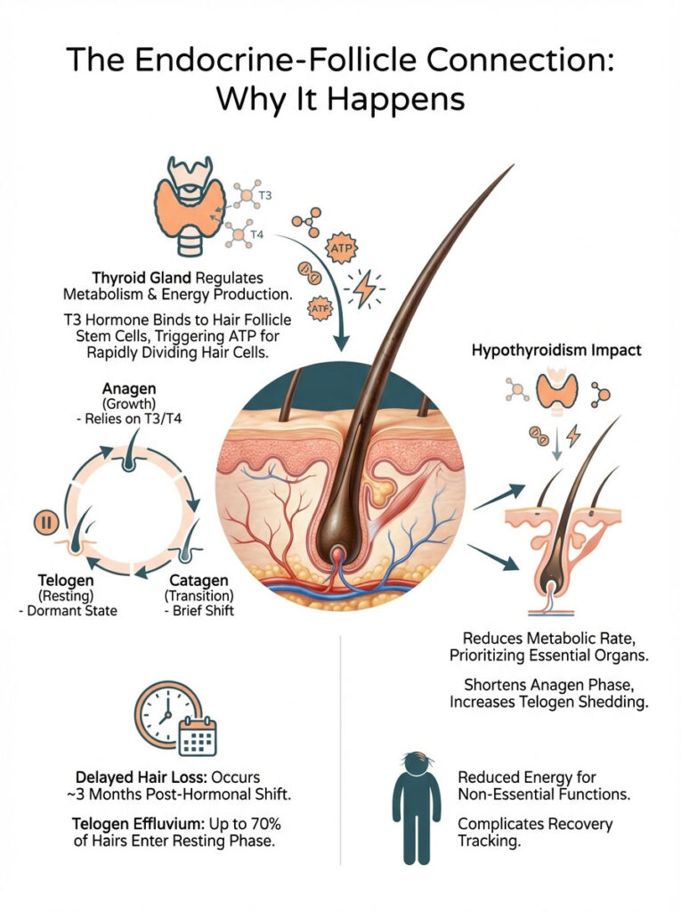 Infographic explaining the endocrine-follicle connection, detailing hair growth phases and hypothyroidism impact.
