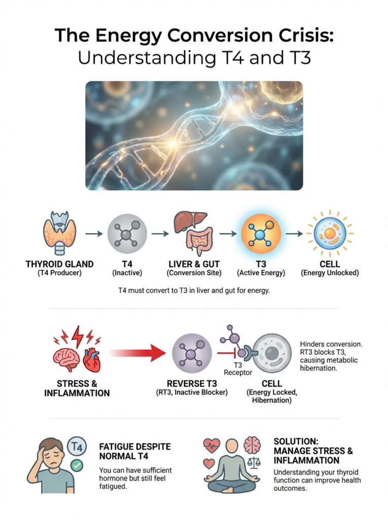 Infographic explaining T4 and T3 energy conversion, showing thyroid gland, liver, stress effects, and solutions.