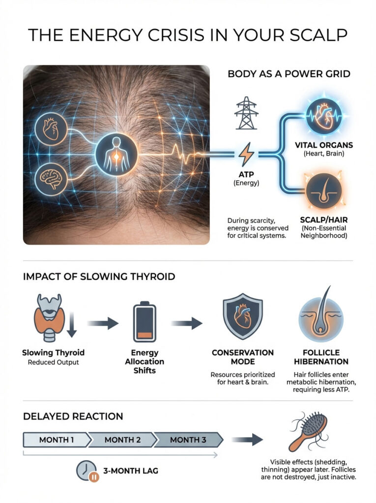 Infographic explaining the energy crisis in the scalp, highlighting thyroid impact and hair follicle hibernation.