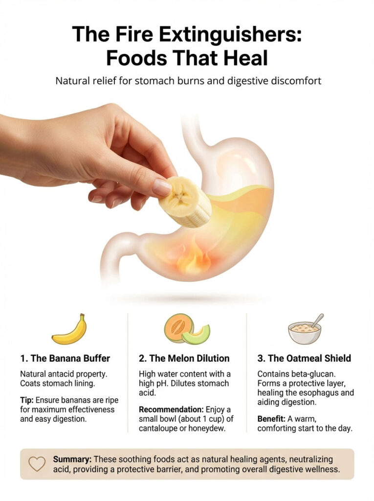 Infographic showing foods that heal stomach burns, featuring a hand holding a banana and digestive tips.