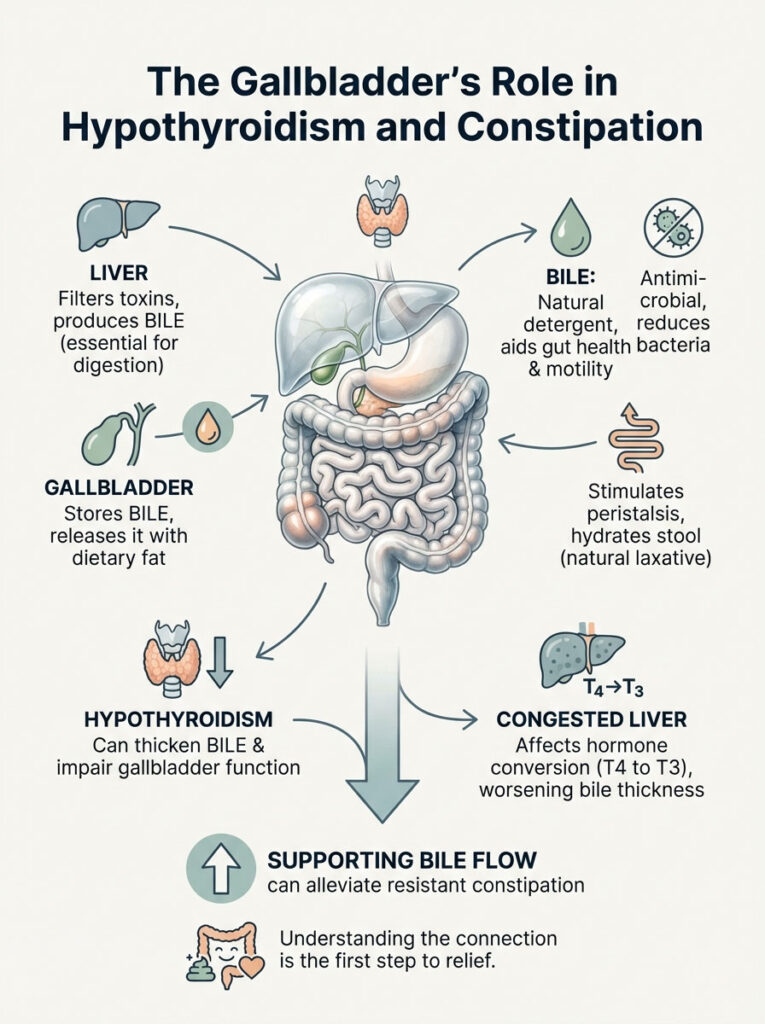 Infographic showing the gallbladder's role in hypothyroidism and constipation with labeled organs and functions.