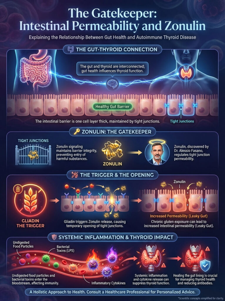 Infographic explaining gut-thyroid connection, zonulin's role, and effects of gluten on intestinal permeability.