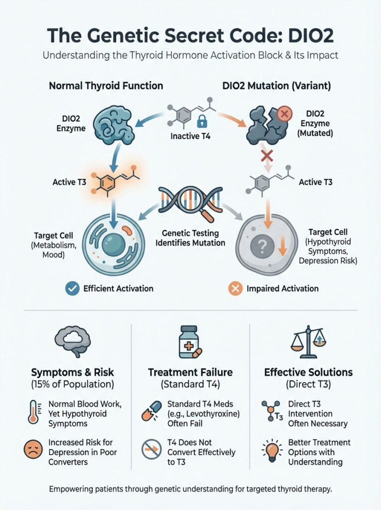 Infographic explaining DIO2 mutation effects on thyroid hormone activation, showing enzyme roles and treatment options.