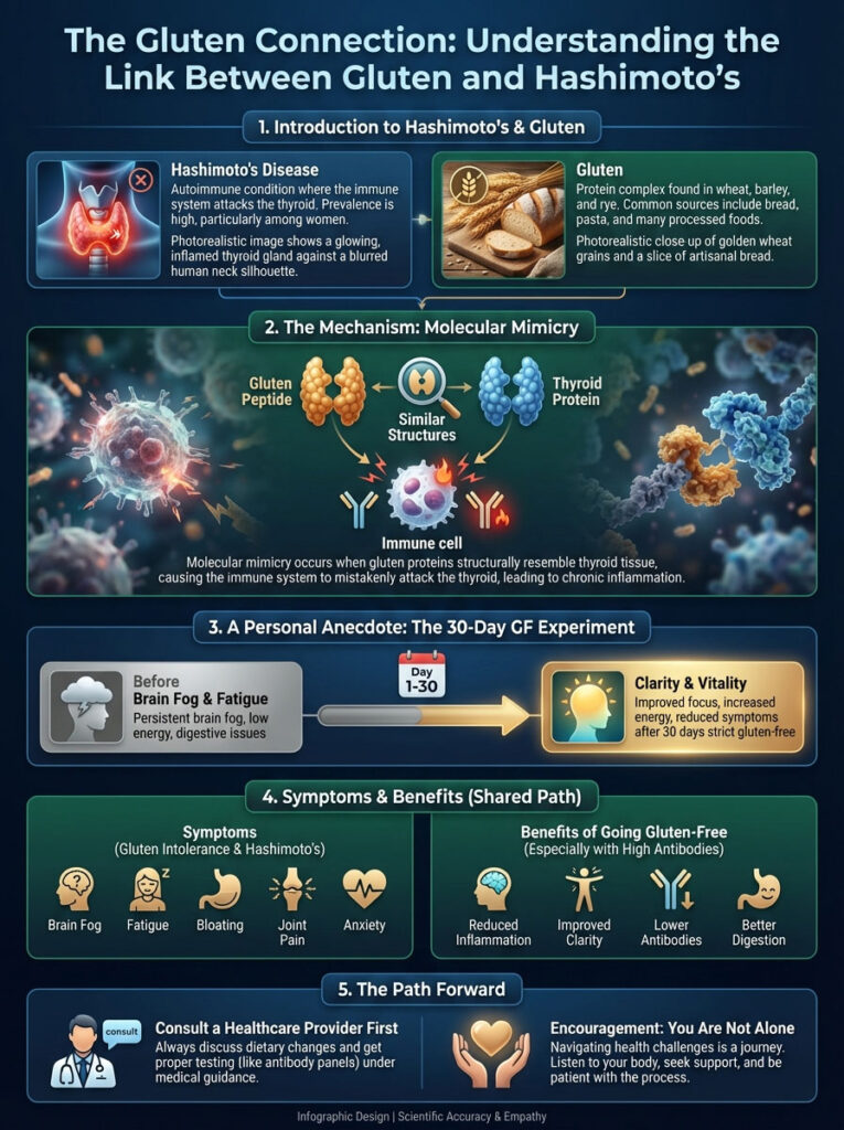 Infographic explaining the link between gluten and Hashimoto's disease, featuring charts and illustrations of symptoms and benefits.