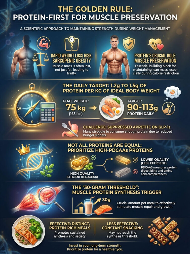 Infographic on protein intake for muscle preservation with charts, icons, and key data points on daily protein targets.