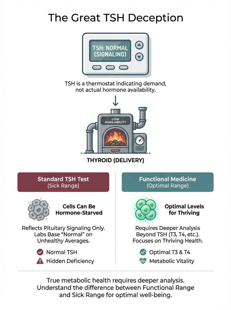 Infographic explaining TSH signaling, thyroid delivery, and differences between standard TSH test and functional medicine.